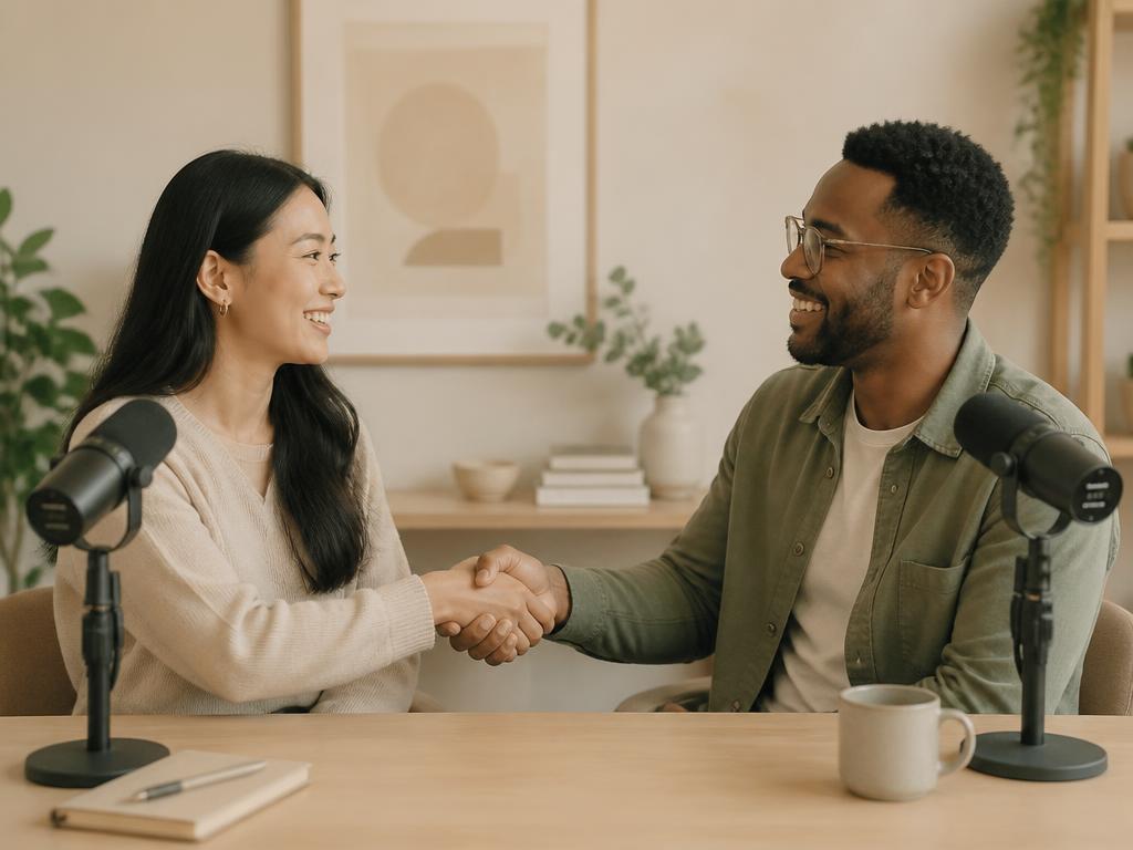 Two people warmly shaking hands after a podcast recording