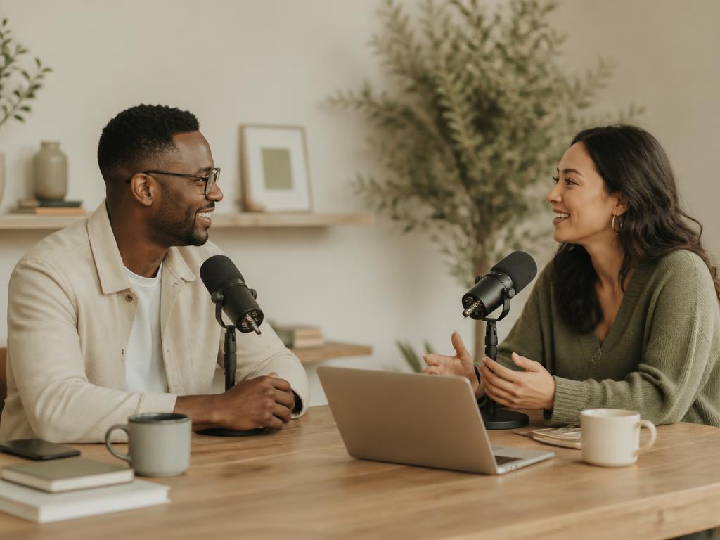 Two podcast guests from different backgrounds having a great conversation