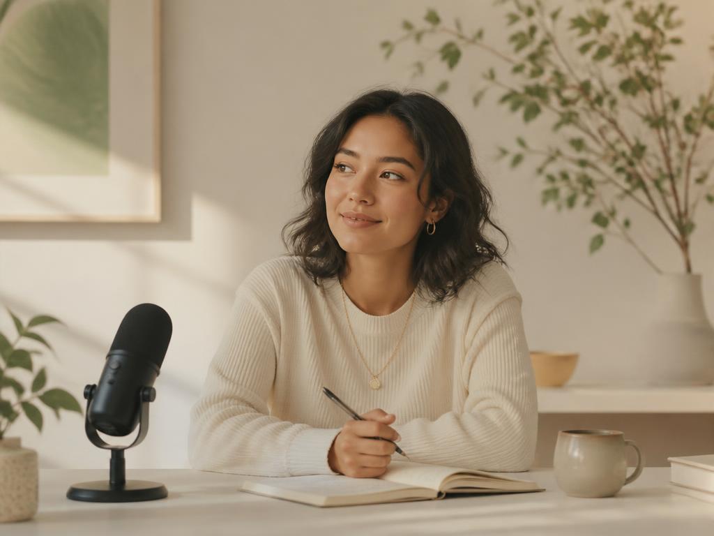 A host calmly preparing notes at a minimal podcast desk