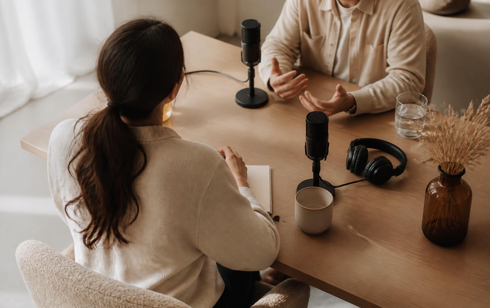 Two people recording a podcast episode across a warm wooden table